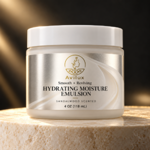Illustrative Avilux Hydrating Moisture Emulsion sandalwood scented 4 oz jar packaging mockup